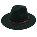 Close-up of a dark green fedora hat featuring a brown leather band and gold buckle - M (56-58cm) / Dark Green