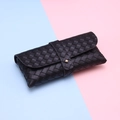 Portable black woven faux leather eyewear case with a gold metal button closure - Black Woven Thick Case