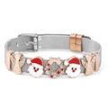 Dettaglio del bracciale a maglia natalizio con ciondoli Babbo Natale, angelo e corona - Bracciale in Filo di Acciaio Inossidabile da 10mm / Cinturino Argento con Ciondoli Oro Rosa