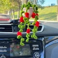 Handmade crochet hanging plant with green leaves and red flowers for car rearview mirror - White Basket + Red Flowers