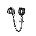 Detail of black titanium steel earring featuring chain link and hanging cross charm - Black Cross