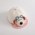 Detailed view of corduroy baby cap with cartoon dog embroidery and soft pink brim - Infant Toddler / Pink