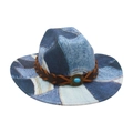 Cappello western patchwork in denim con fascia in pelle marrone e bottone in turchese - Taglia unica(56-58cm) / Blu Chiaro Patchwork