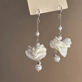 Elegant white floral tassel earrings with shell petals and hanging pearls on silver pins - 4# Silver Pearl Petal Hoop