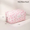 Pink floral lace makeup bag in pillow shape with MiloBliss brand label and zipper - Pillow Bag / Pink