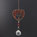 Close-up of bronze wire tree of life suncatcher with red stones and faceted crystal ball - Red Stone Heart Style
