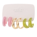 Set of three C-shaped earrings in pink resin, polished gold metal, and green marble - 3 Pairs Set-Pink Gold Green Resin Hoops