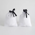 White cotton drawstring jewelry pouches featuring elegant black ribbed ribbon bows - White Slub Cotton Single Black Grosgrain Ribbon / 7*9cm