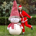 Giant 210cm Christmas snowman with long red-white knit hat and Welcome wooden sign - Earmuff Snowman - 205 (Height 210cm)