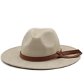 Classic beige felt fedora hat featuring a vintage brown leather decorative cross belt - M (56-58cm) / Beige