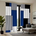 Detail of geometric pattern blackout curtains in blue and grey for modern living room - Dark Blue Patchwork
