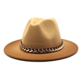 Detailed shot of two-tone wool jazz hat with brown leather band and gold metal chain - M (56-58cm) / Camel