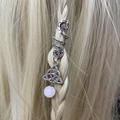 Detail of silver Celtic knot charm and pink crystal bead on a spiral dreadlock hair clip - Celtic Knot Pink Bead