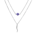 Double-layered silver necklace with blue evil eye bead and Italian horn cornicello pendant - Double Layer / Silver Horn Evil Eye Double Layer Chain