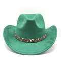 Close-up of green felt cowboy hat featuring a blue evil eye emblem on woven band - M (56-59cm) / Grass Green Suede