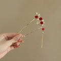 Chinese gold U-shaped hair pin with red velvet flowers, pearls, and long tassels - Flocked Red Flower Fan U-shaped Tassel Hair Stick