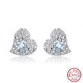 Elegant S925 sterling silver heart earrings featuring light blue stones and zircon accents - Blue Heart Hollow Stud - Silver