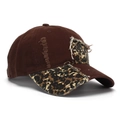 Detail of distressed baseball cap featuring leopard print patches and frayed brim textures - One Size / Dark Brown (F)