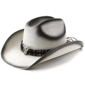 Chapeau de cowboy en paille avec bande ethnique et breloque tête de taureau argentée - M (56-58cm) / Peint en Blanc et Noir