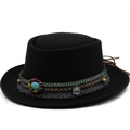 Cappello fedora in lana stile bohémien con perline etniche e nappe decorative - M (56-58cm) / Nero