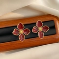 Vintage red enamel four-petal flower earrings with gold accents in a premium wooden box - Four-Petal Flower Style / Gold Burgundy Red (925 Silver Pin)