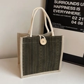 Linen tote bag with dark green knit panel and natural jute sides with wooden button - Green Button Style