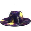 Macro shot of colorful tie-dye patterns and wool felt texture on a wide brim fedora hat - Purple Yellow Starry Tie-dye