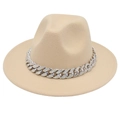 Detail of khaki fedora hat featuring a chunky silver chain with iridescent rhinestones - Beige