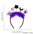 Halloween headband detail with purple feathers, skull, and RIP sign, 22cm by 20.5cm size - Cat Eyeball Purple Feather