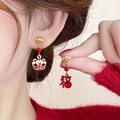 Detail of 18K gold plated asymmetric earrings with red enamel lion and Fu character - 13# Asymmetric Lion Dance Blessing Rich Dangle Earrings (Pair)