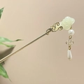Eleganter goldener Haarstab mit hellgrünen Blütenblättern und Perlenquaste im China-Stil - Blassgoldene Hellgrüne Blütenblätter Künstliche Perle Quasten-Stil (6363)