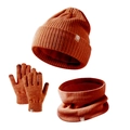 Conjunto de punto infantil amarillo jengibre con gorro de satén, bufanda y guantes táctiles - Conjunto marrón rojizo para niños
