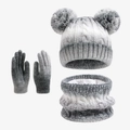Detail of cable knit winter set featuring gradient gray faux fur lining and pom-poms - Gradient Grey