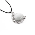 Detail of silver star and moon pendant with white cat eye stone and black cord - White/Black Rope