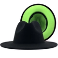 Detail of a black wool fedora featuring a vibrant fluorescent green inner brim contrast - Black/Fruit Green