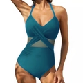 Bañador de una pieza con cuello halter y paneles de malla en color azul pavo real - S / Verde Pavo Real