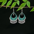 Detail of silver alloy bohemian earrings with green enamel and metal bead tassels - Bright Silver Emerald Hollow Tassel(E4967-7)