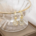 Elegant gold hollow cube drop earrings featuring sparkling crystals and clover patterns - Gold Hollow Cube Cage Earrings (E3472)