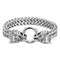 Silver Viking wolf head Franco link bracelet with metallic weave design on white background - 19cm / Steel