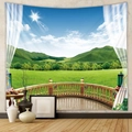Dettaglio di un arazzo bohémien che mostra colline verdi attraverso una finestra con tende - Balcone Pastorale (GT110114) - Tessuto Spazzolato / 73X95CM