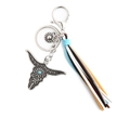 Bohemian silver bull head keychain with turquoise stone and multi-color leather tassels - Blue Multicolor