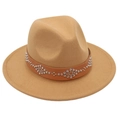 Detail of camel wool fedora hat featuring a brown leather band with silver metal studs - M (56-58cm) / Camel