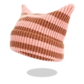 Detalle del gorro de punto a rayas rosa y marrón con bonitas orejas de gato suaves - Talla única / Rosa