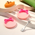 Pink miniature bow plate set with toy fork and pizza slice for DIY dollhouse decor - Round Pink Plate