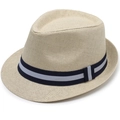 Detailed close-up of woven beige straw fedora with blue and white striped ribbon band - M (56-58cm) / Beige with Ribbon