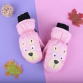 Pink waterproof winter mittens for kids with cute bear pattern and knitted cuffs - One Size / Pink Bear / 3-6 Years