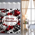 Double-layer Christmas shower curtain with red bows and black stripes on hookless rings - 25SD-1S / 181x188cm / Red White Black Christmas Ornaments Style