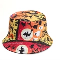 Detailed view of Halloween bucket hat featuring ghosts, witches and Happy Halloween text - M (56-58cm) / Gradient Witch Ghost Tombstone (Style G)