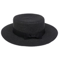 Classic black wide-brim boater straw hat with matching ribbon and bow for sun protection - Ribbon Bow Decor Band Style (303M)