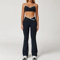 Zwarte sportset voor dames met witte contrastbiezen en yoga-leggings met uitlopende pijpen - S / Boven- En Onderstuk / Zwart (Flare Stijl)